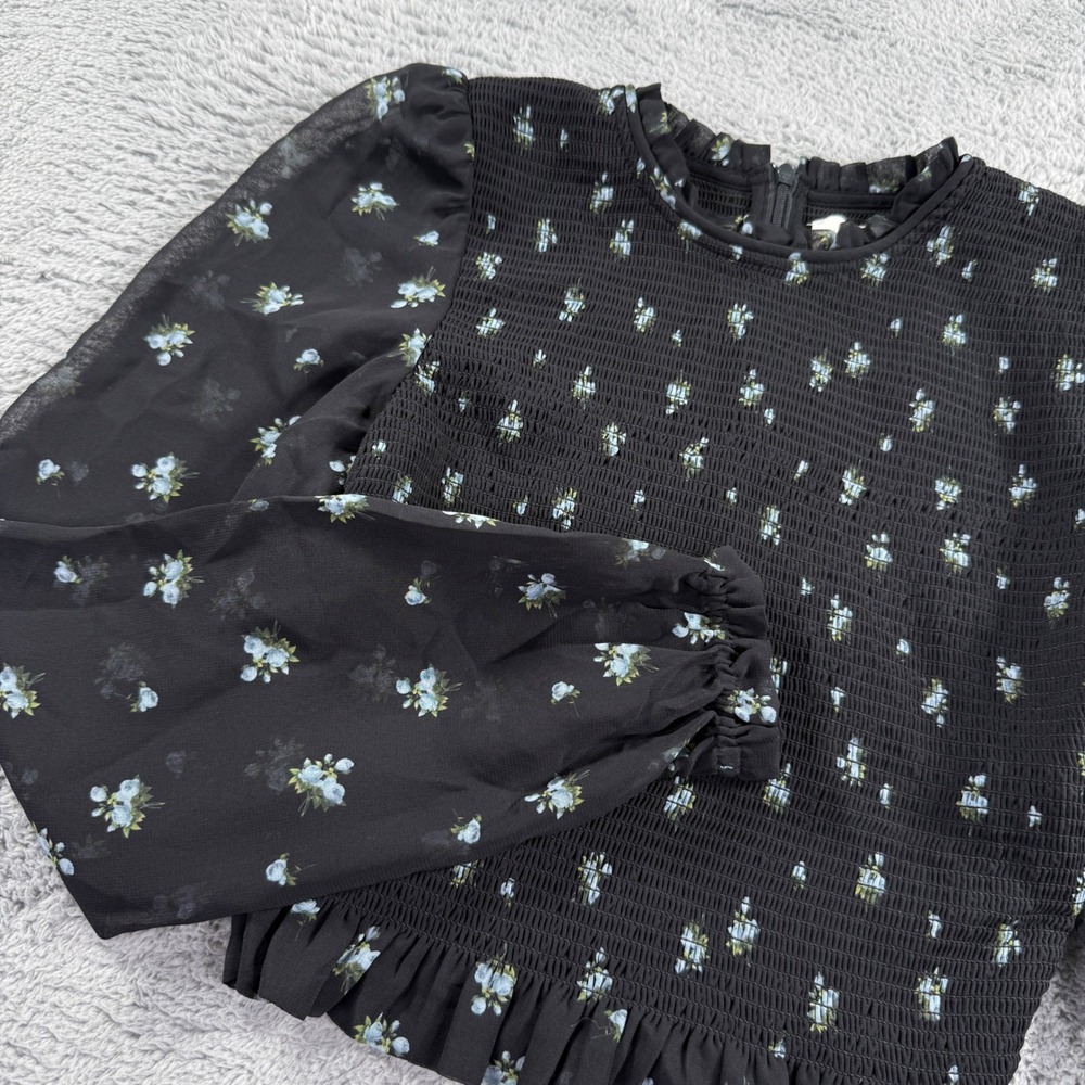 Wilfred Aritzia Smocked Crop Top Womens XS Black Floral Long Sleeve Blouse Exc